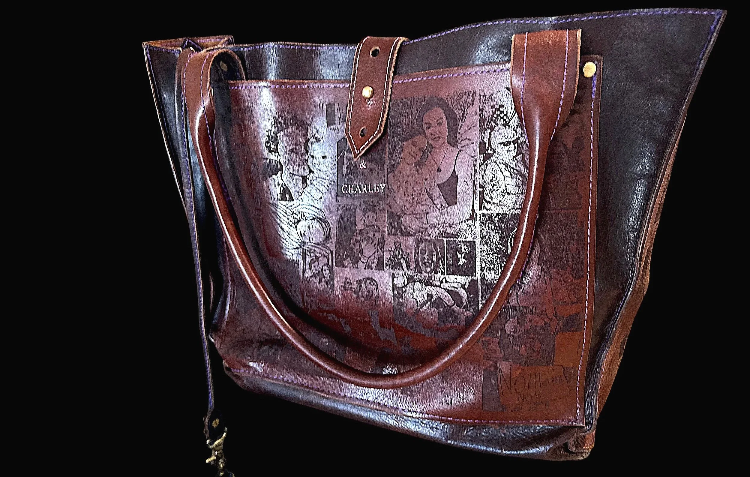 A leather handbag with comic strip images printed on it, featuring women and children, with the name 'CHARLEY' visible. The bag has brown and black leather sections with purple stitching and gold hardware details.