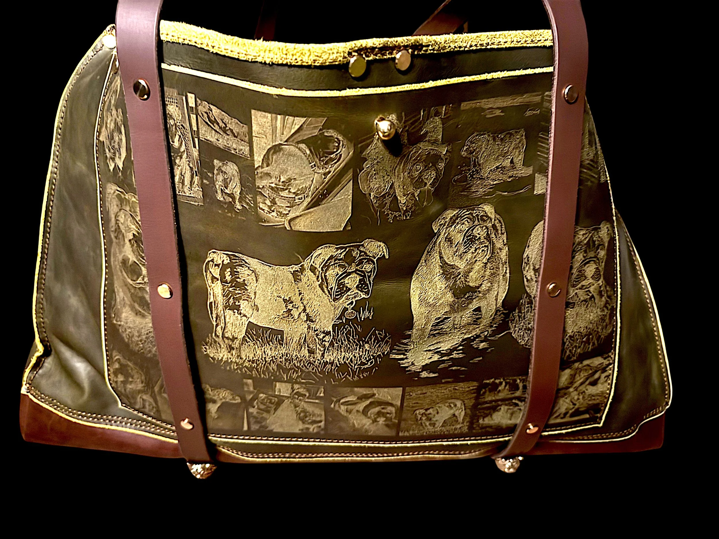 A handbag with a dog print design on the fabric, gold accents, and leather straps.