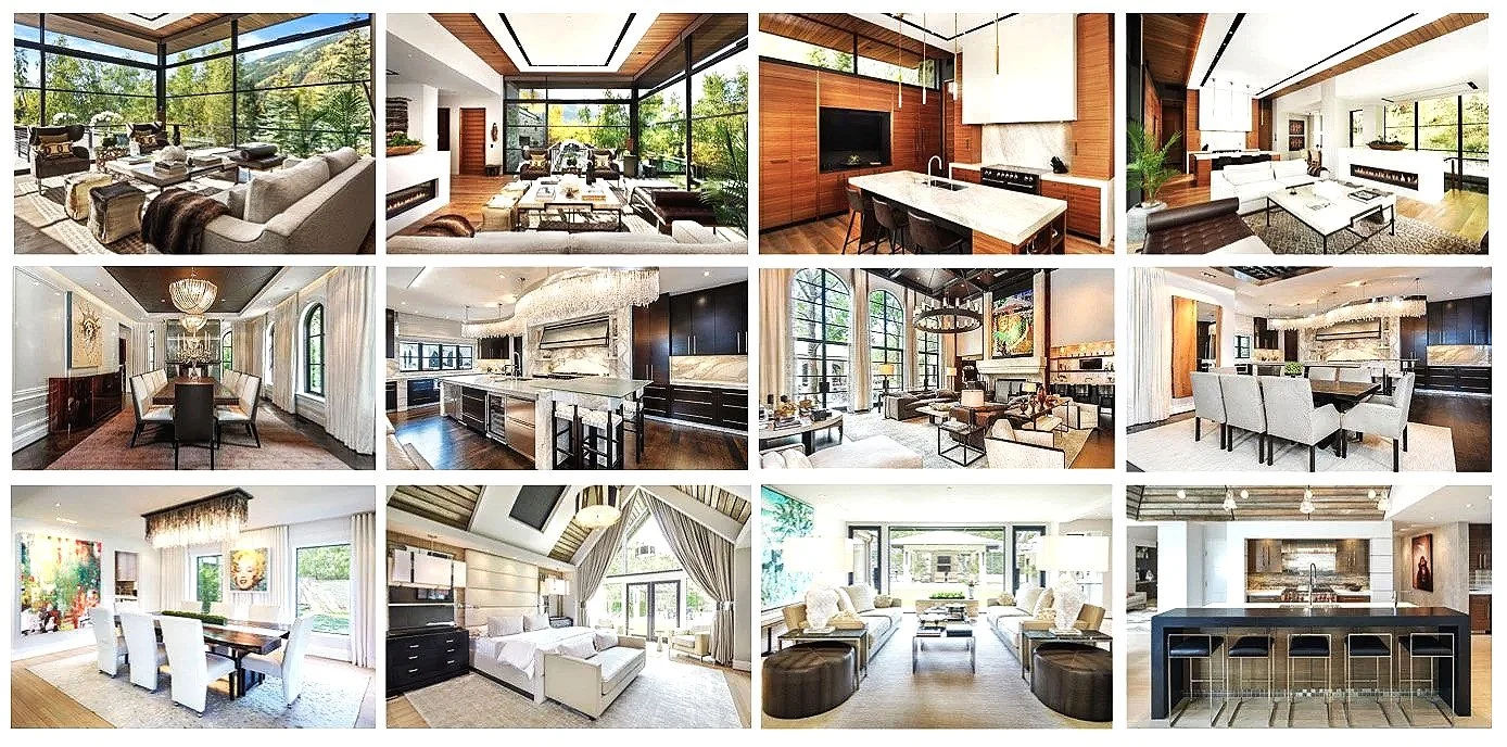 Collage of twelve modern house interior images including living rooms, kitchens, dining rooms, and a bar area, featuring large windows, contemporary furniture, and stylish decor.
