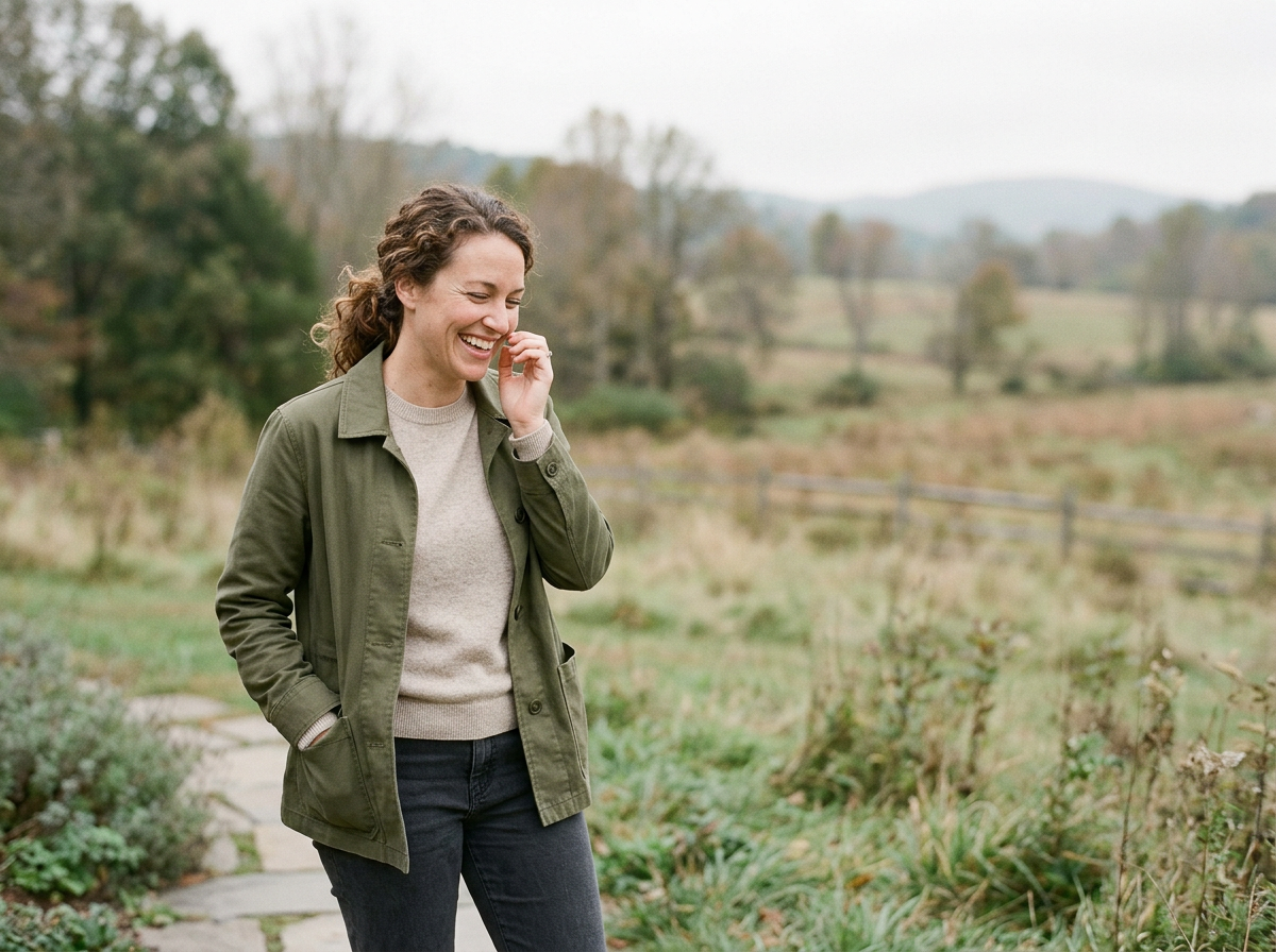 Woman smiling while walking in a field