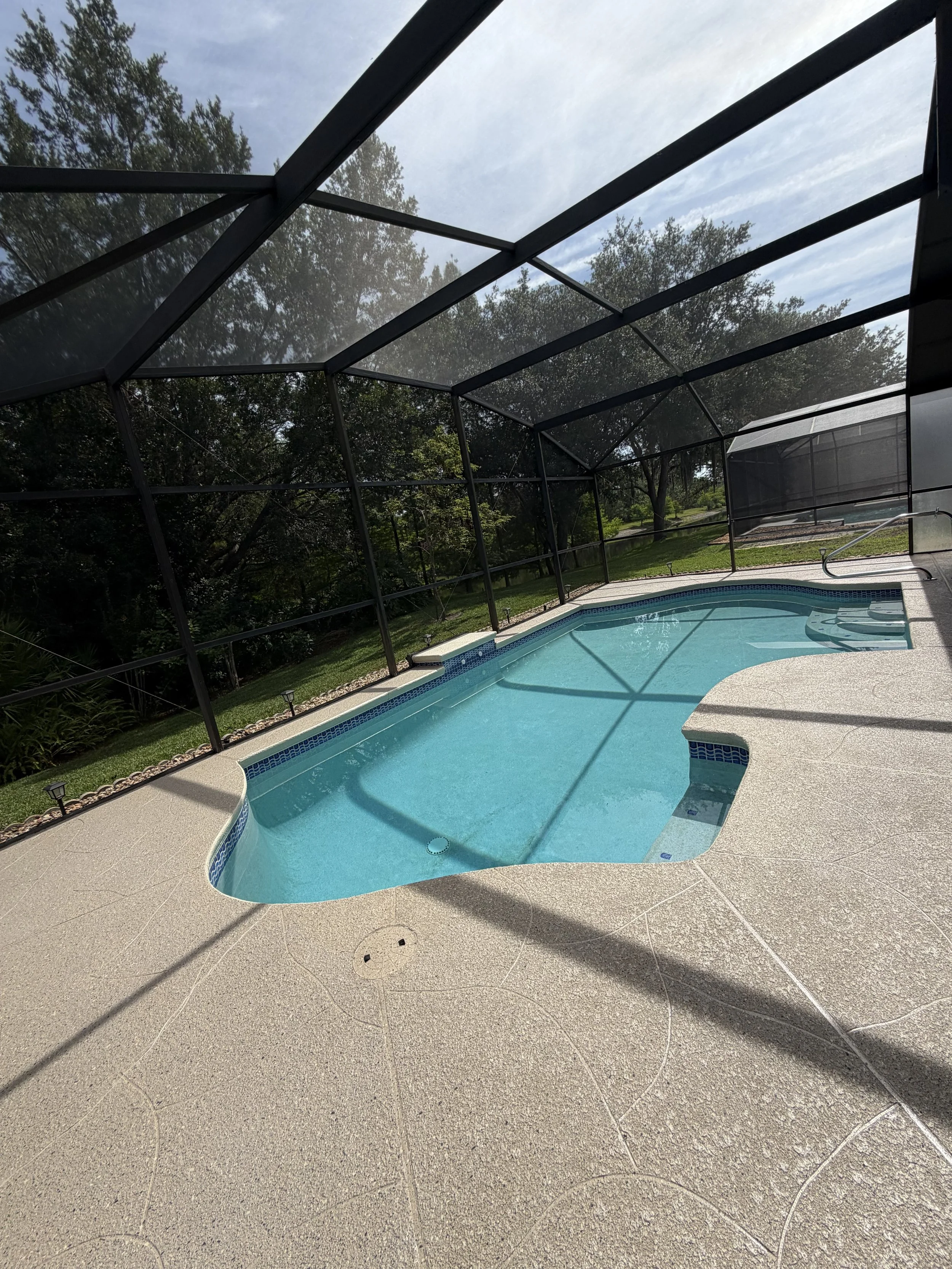 An enclosed backyard swimming pool area with a blue pool, surrounded by a non-slip beige deck. The area is covered with a black screen enclosure, and there are trees and a lawn visible outside. The pool has steps on the right side, and there is a handle for entering the pool on the right.
