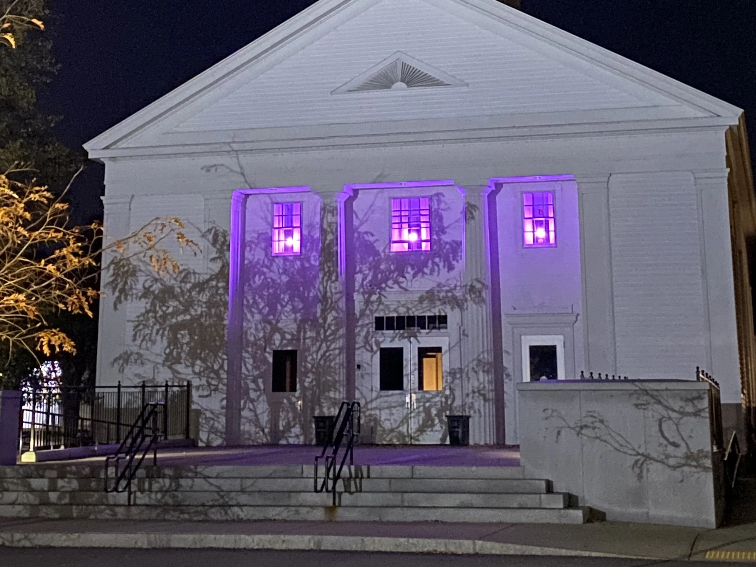 A white building illuminated with purple lighting. The front of the building features several windows with purple-lit panes, and there are trees casting shadows on the facade.