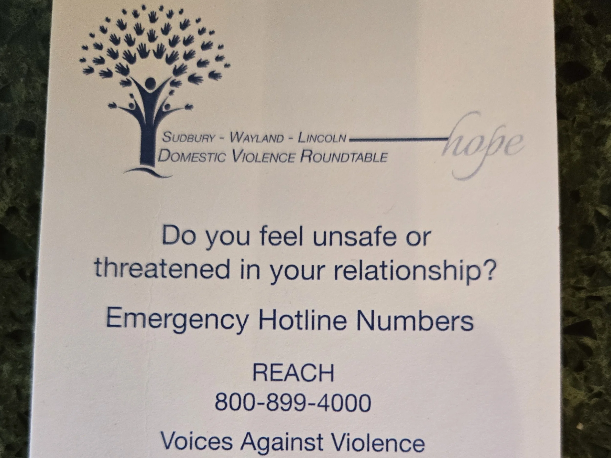 A flyer for the Domestic Violence Roundtable from Sudbury, Wayland, and Lincoln. It features a blue logo of a person with arms raised inside a stylized tree with many leaves. The flyer asks if you feel unsafe or threatened in your relationship and provides a toll-free emergency hotline number: 800-899-4000. The word "hope" is handwritten in light gray cursive on the top right.