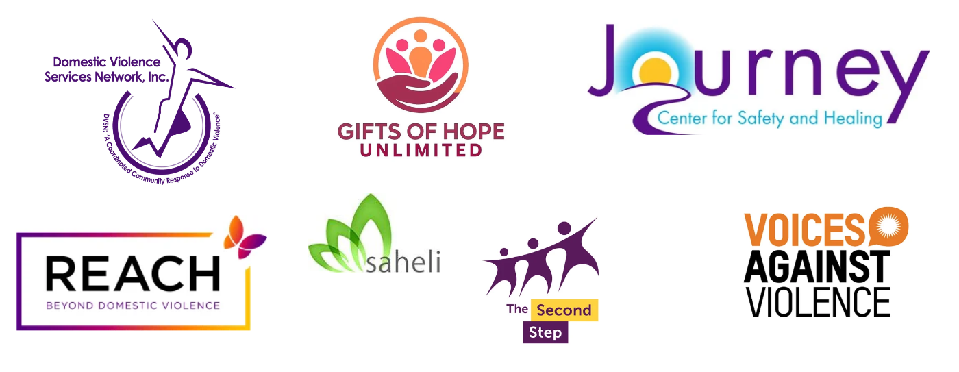 Collection of seven logos for domestic violence awareness and support organizations, including Domestic Violence Services Network, Gifts of Hope Unlimited, Journey Center for Safety and Healing, Reach Beyond Domestic Violence, Saheli, The Second Step, and Voices Against Violence.