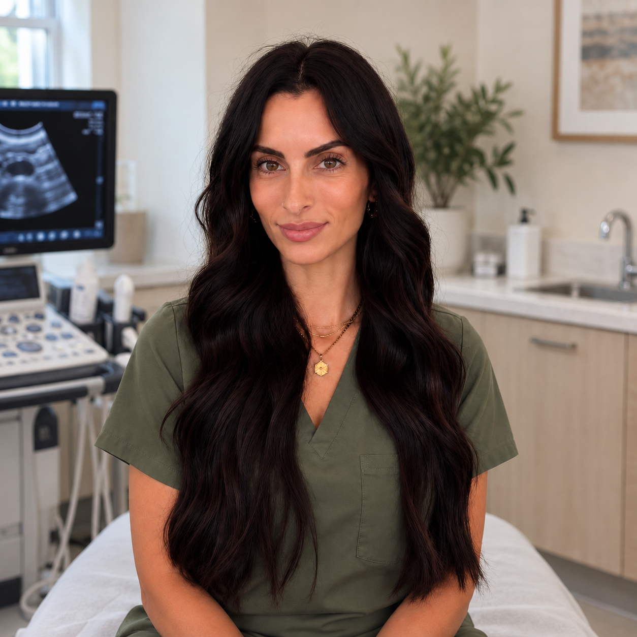 A woman with long dark hair wearing green medical scrubs sitting in a medical office with ultrasound equipment and a monitor in the background.