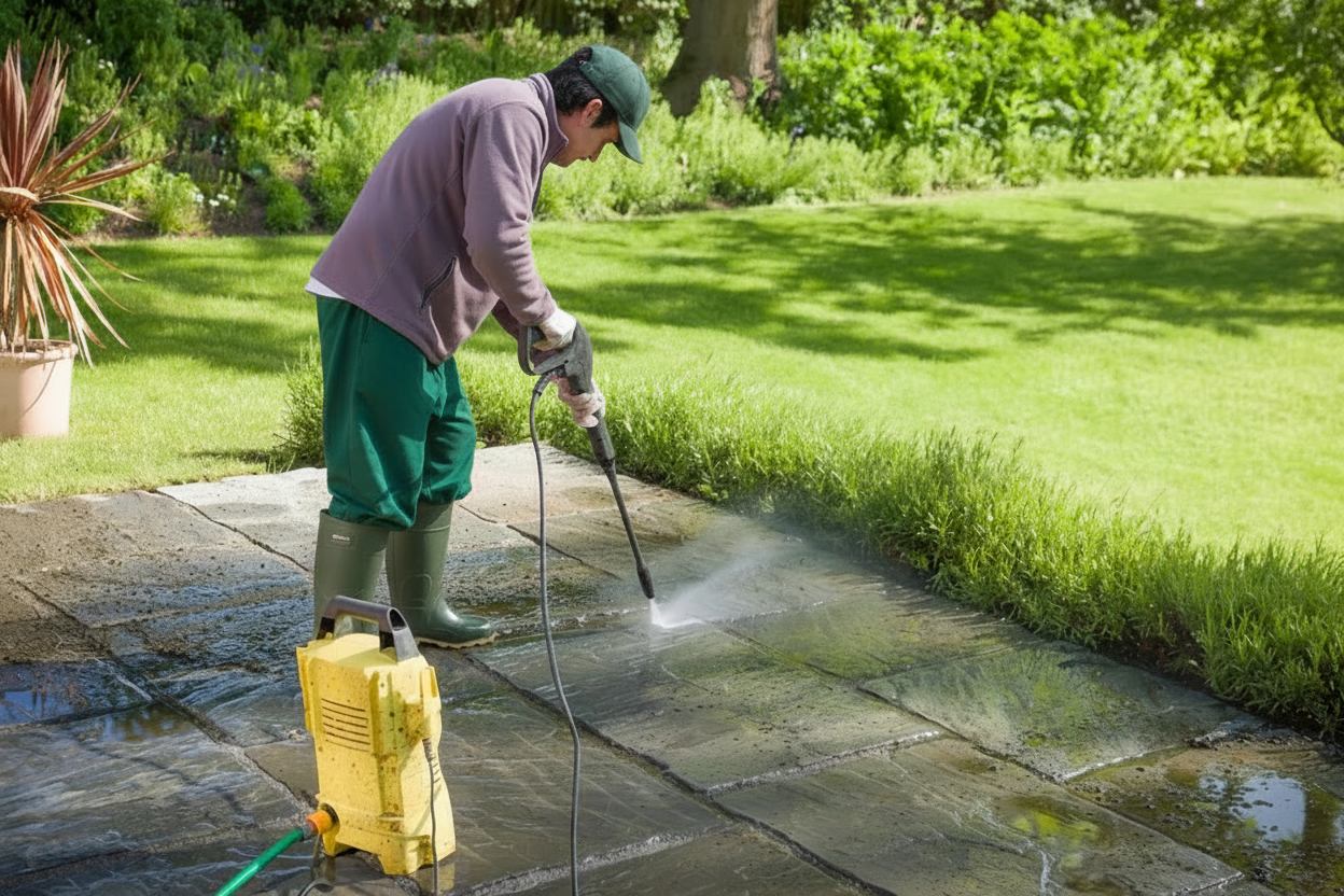 A patio being cleaned with a pressure washer.