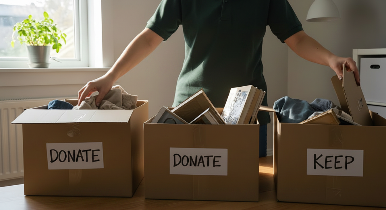 Labelled boxes packed during a decluttering session.
