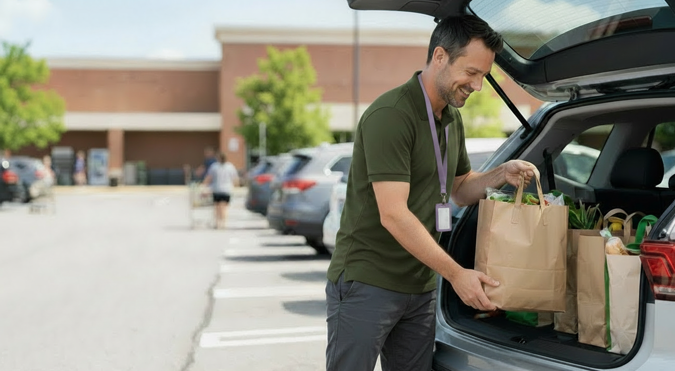 A helper carrying shopping bags to a customer's car.