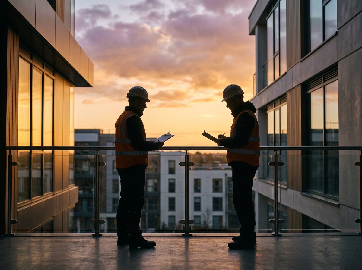 Two construction workers wearing safety helmets and vests stand on a balcony, reviewing documents or plans at sunset with a cityscape in the background.