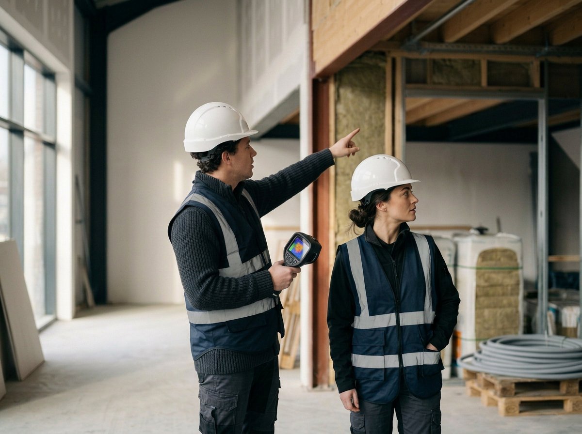 Two construction workers wearing safety helmets and vests inside a building under construction, with one pointing and the other holding a thermal imaging camera.
