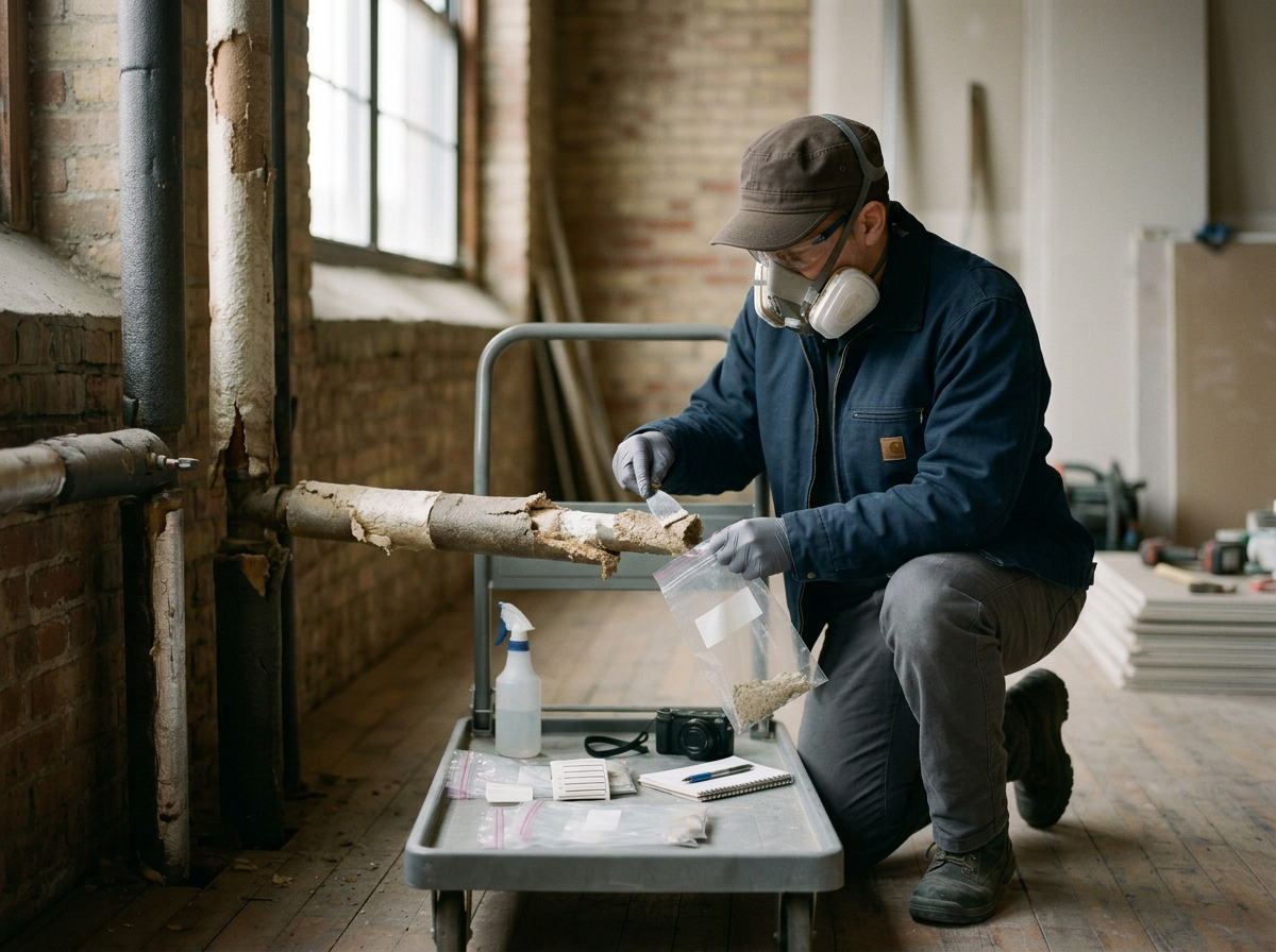 A man wearing a respirator mask, gloves, and a cap kneels on one knee examining a damaged pipe with insulation material while working in a room with brick walls and a large window, holding a plastic bag filled with debris.