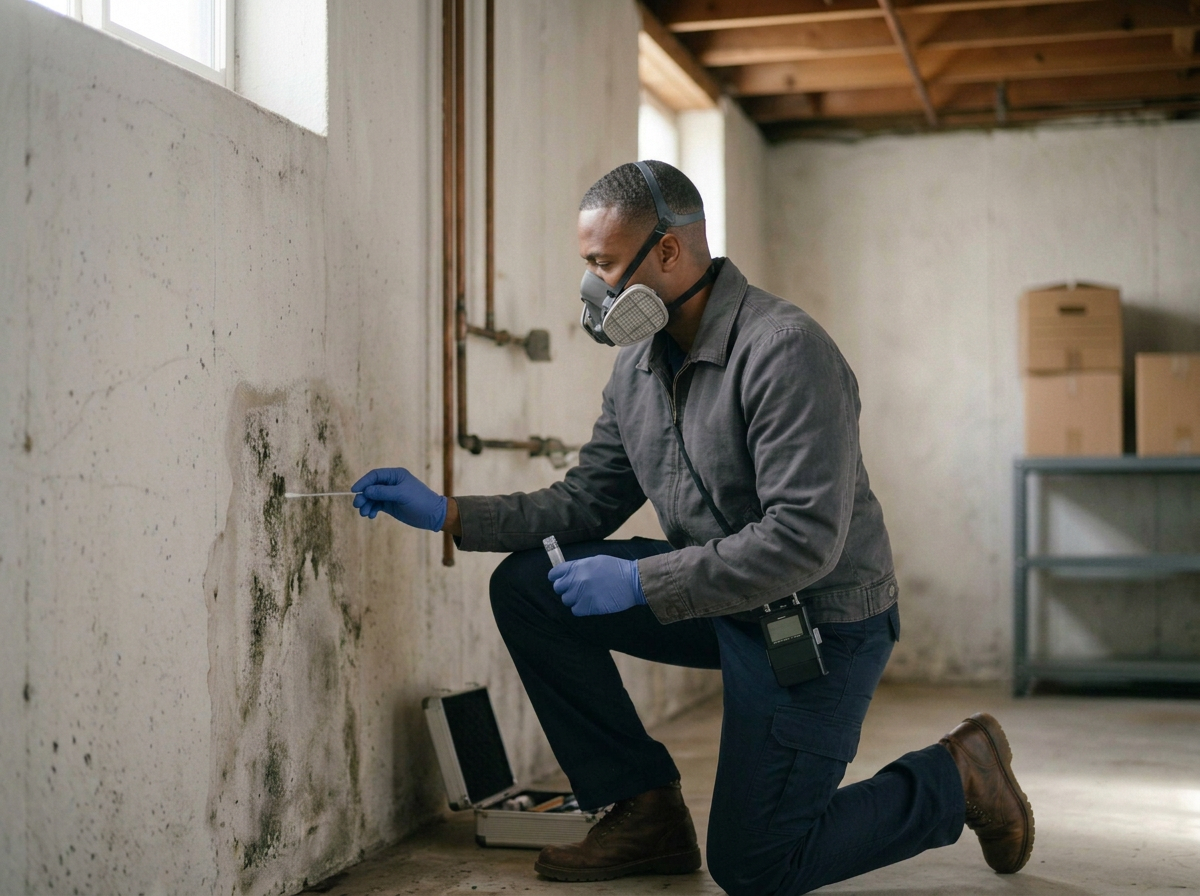 A man wearing protective gear investigates mold on a wall in an unfinished basement.
