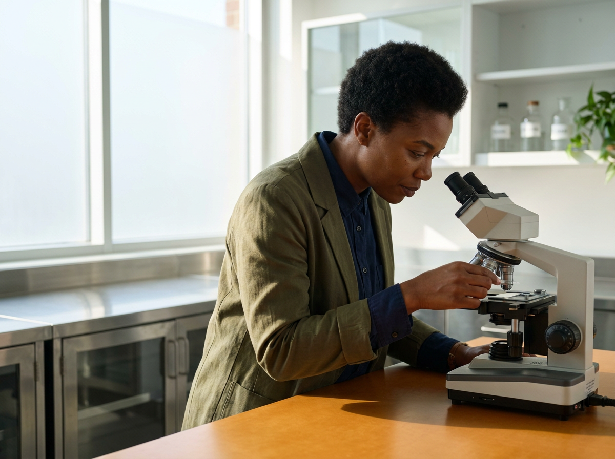 Woman in a laboratory examining a slide using a microscope