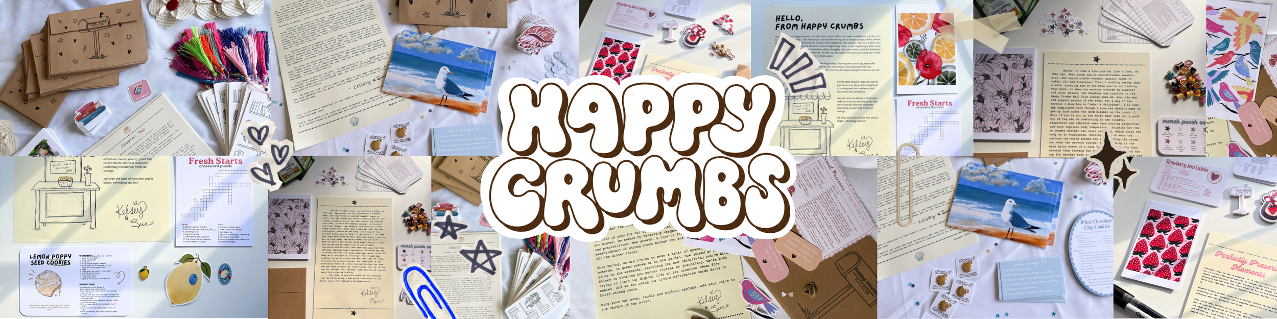 Collage of various craft supplies, paper projects, and notes with a central logo that reads 'Happy Crumbs' in playful letters.
