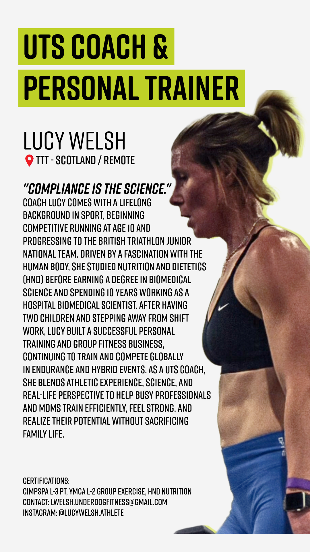 Business flyer for Lucy Welsh, UTS Coach & Personal Trainer, featuring a profile image of a female athlete in athletic gear with text about her background, services, and contact information.
