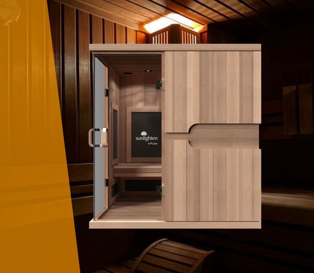 A wooden infrared sauna with a glass door and 'Sunlighten mPulse' logo, set in a warm, wood-paneled room.