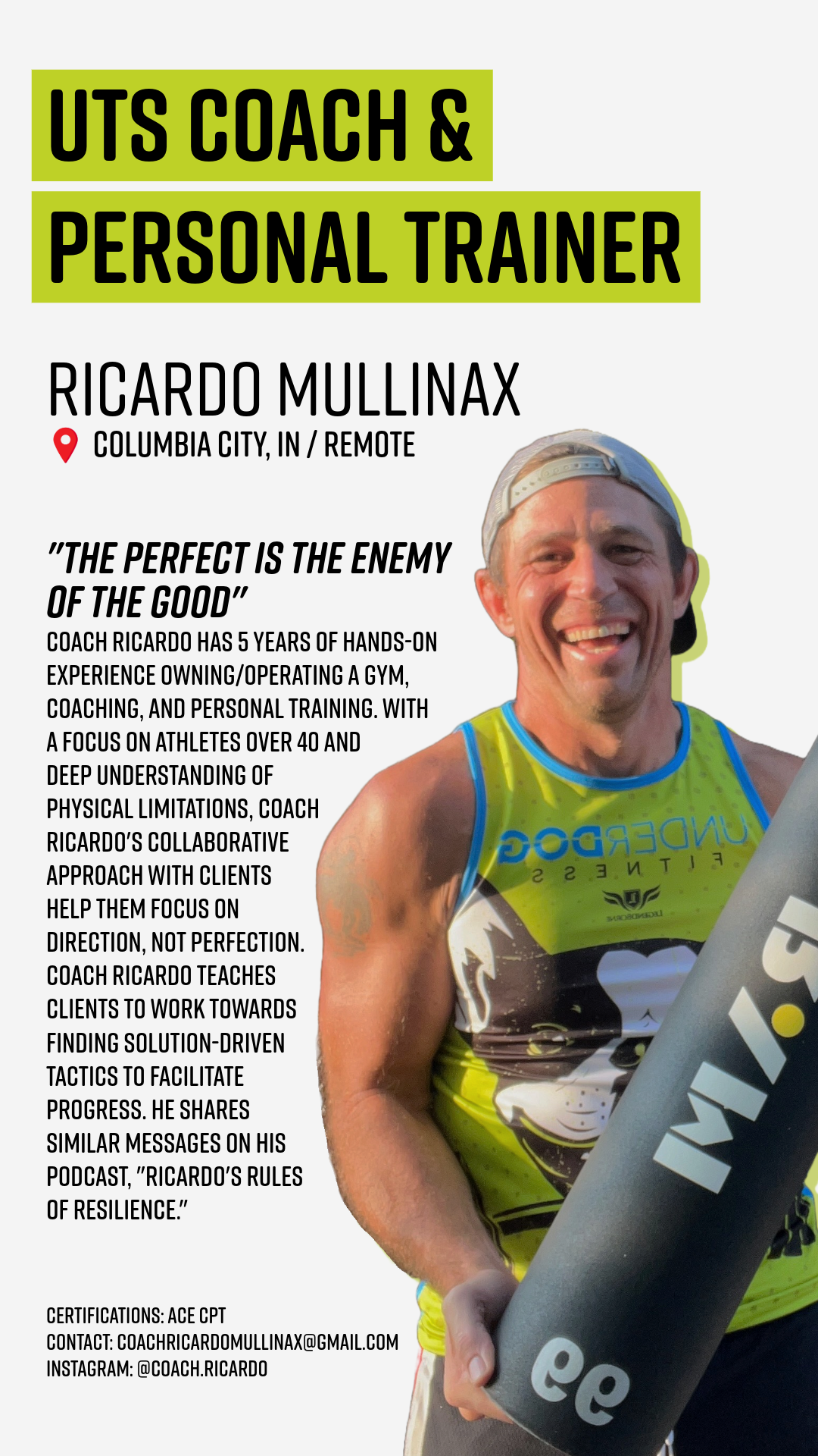 Promotional flyer featuring Ricardo Mullinax, UTS coach and personal trainer, smiling in athletic gear, holding a foam roller, with text highlighting his credentials, philosophy, and contact info.