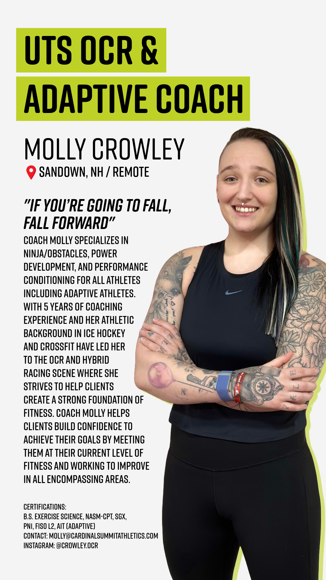 Promotional poster featuring Molly Crowley, an adaptive fitness coach, with tattoos, smiling, crossed arms, black Nike tank top, and a fitness tracker, highlighting her background and coaching services in OCR and adaptive training.
