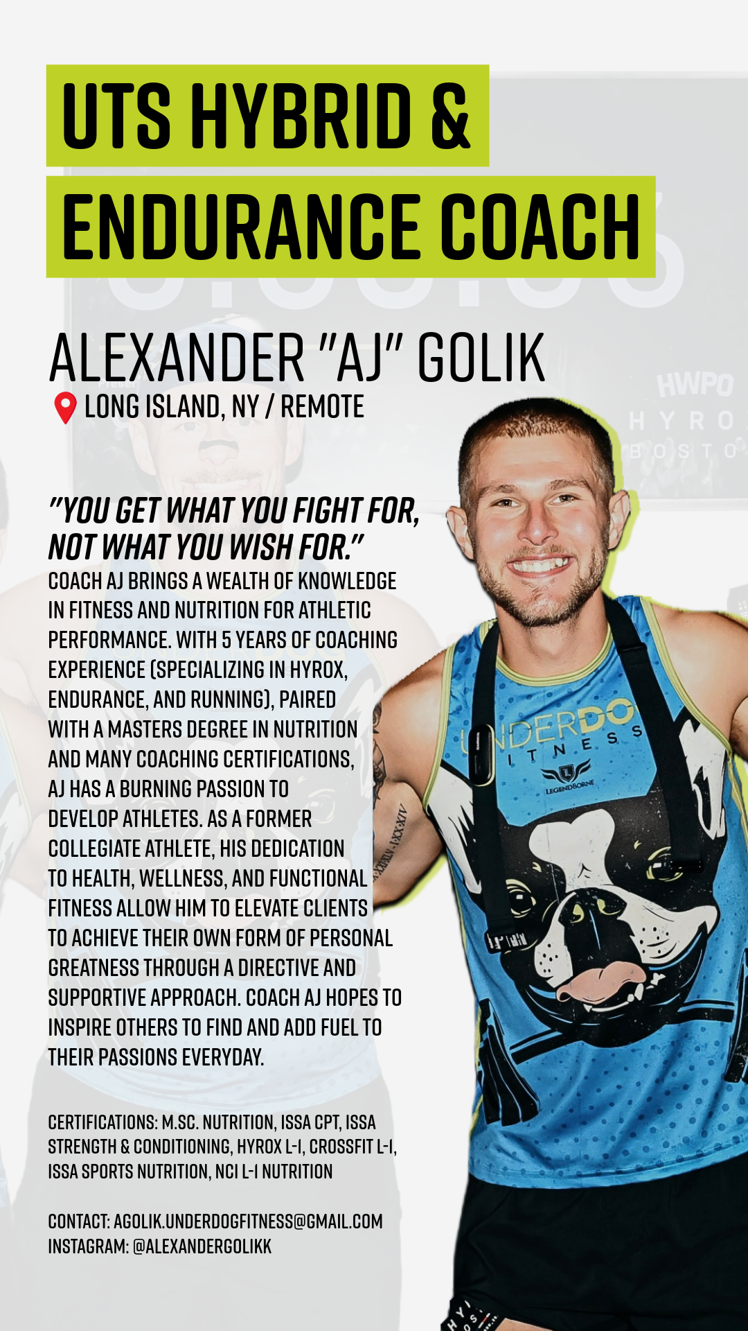 Promotional poster featuring Alexander 'AJ' Golik, a fitness coach specializing in hybrid and endurance training. The poster includes his contact information, certifications, and a quote, with a photo of him smiling in a workout outfit.