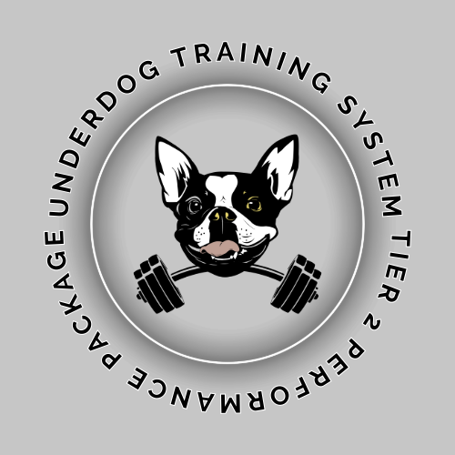 Logo featuring a Boston Terrier dog with a barbell, encircled by text that reads "PACKAGE UNDERDOG TRAINING SYSTEM Tier 2 PERFORMANCE PARENT".