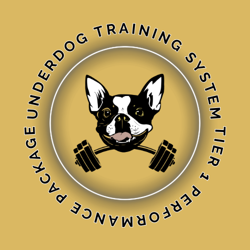 Logo of an underground dog training system featuring a Boston Terrier head with a happy expression, barbell with weights, and circular text