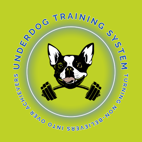 Logo for the Underground Dog Training System featuring a Boston Terrier with a barbell pressed in its mouth, surrounded by the text 'Underground Dog Training System Tuning Non-Believers Into Over Achievers' on a green background.