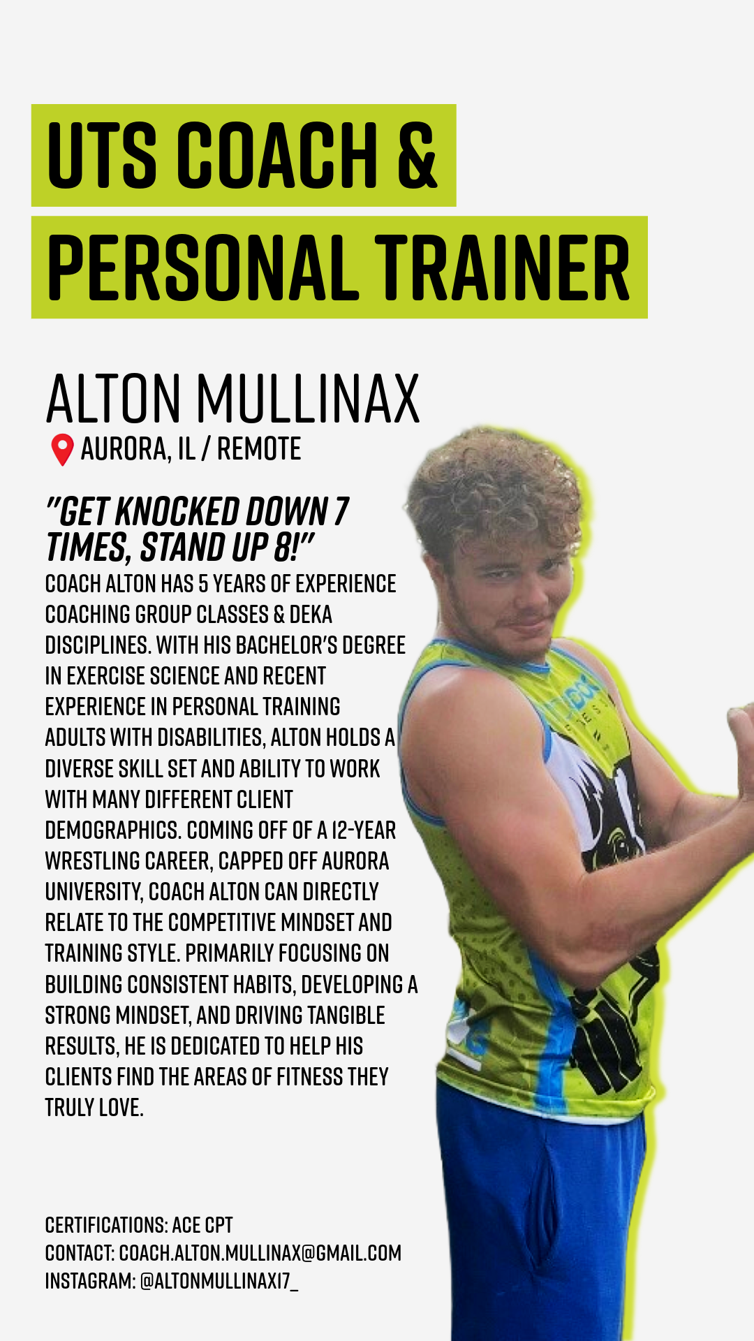 A promotional flyer for UTS Coach & Personal Trainer Alton Mullinax, featuring his contact information and a quote, with a young man flexing his arm.