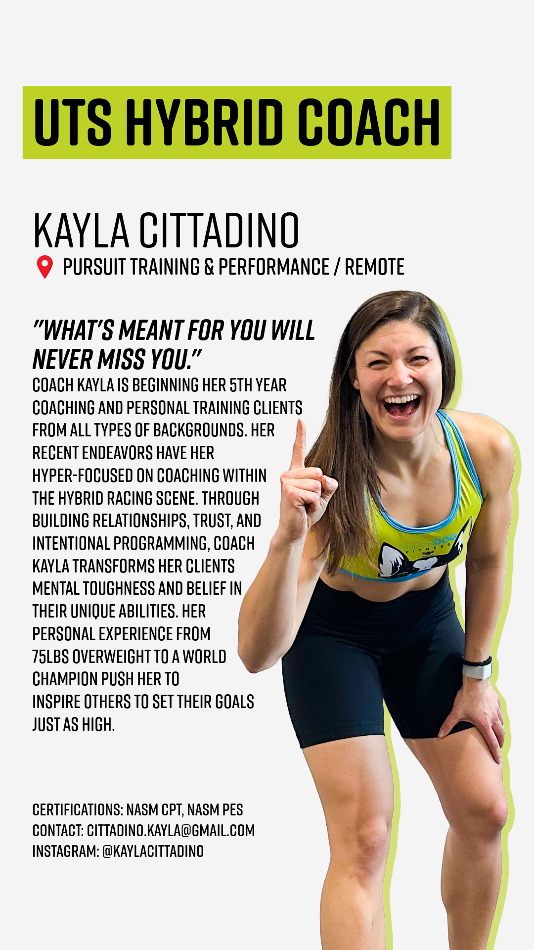 A smiling woman in athletic clothing, pointing upward with her index finger.