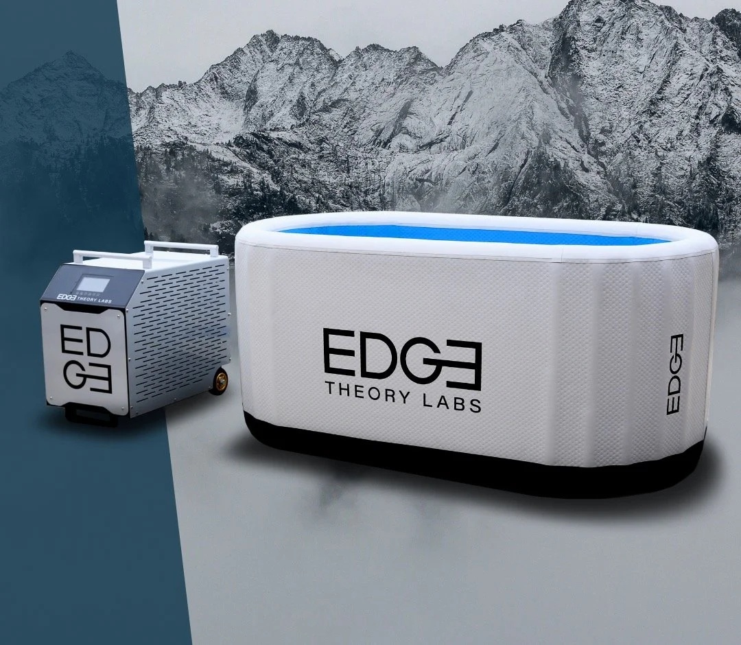 A portable inflatable pool with blue water and a cooling device labeled 'EDGE THEORY LABS' on a gray surface, with a snowy mountain range in the background.