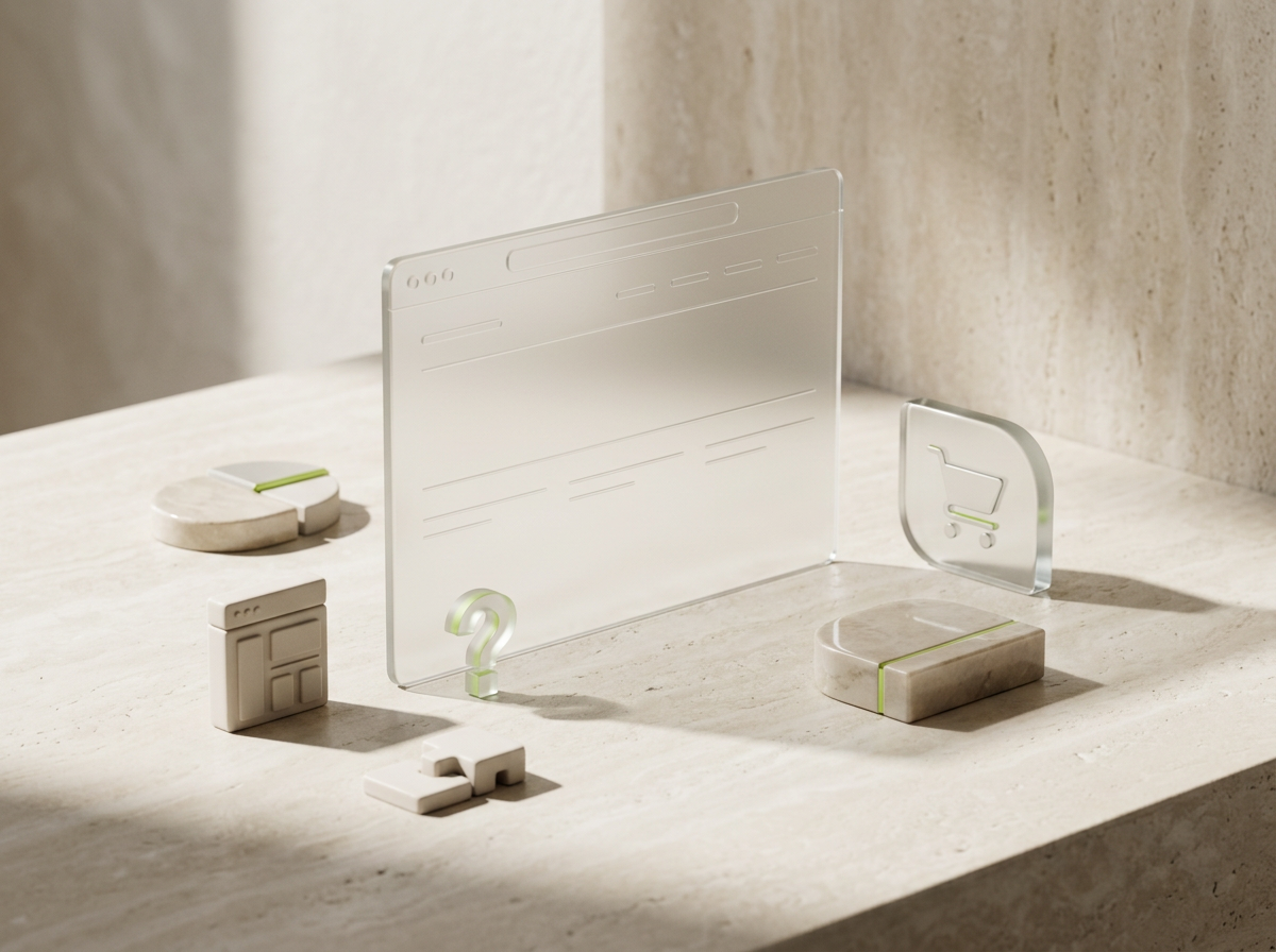 Moderner minimalistischer Schreibtisch mit verschiedenen Dekorationsgegenständen aus weißem und transparentem Material, darunter eine große transparente Platte, kleine Quader, eine runde Platte mit grünem Akzent und ein Puzzleteil.
