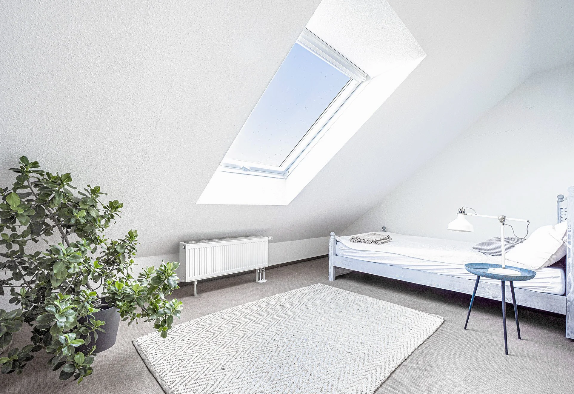 Ein helles Schlafzimmer mit einer weißen Holzbetten, einer blauen Nachttisch, einer weißen Lampe, einem großen Fenster im Dach, einem grünen Zimmerpflanze und einem weißen Teppich auf dem grauen Boden.