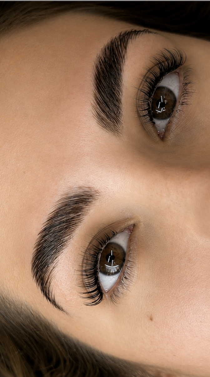 Close-up of a woman's face with brown eyes and well-groomed eyebrows.
