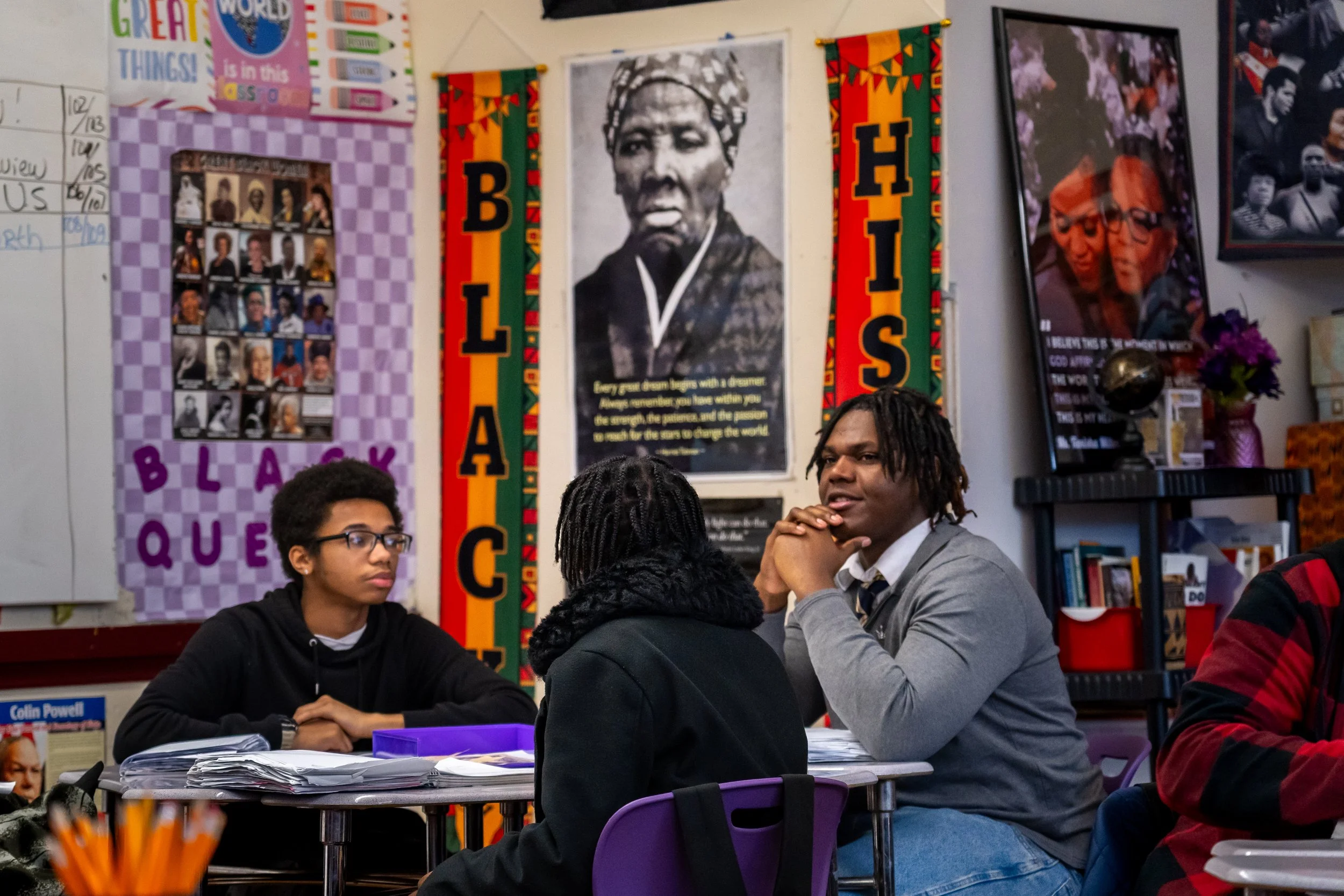 A group of Boston Public Schools students participate in a discussion in Boston Public Schools educator Tanisha Milton's AP African American Studies class.