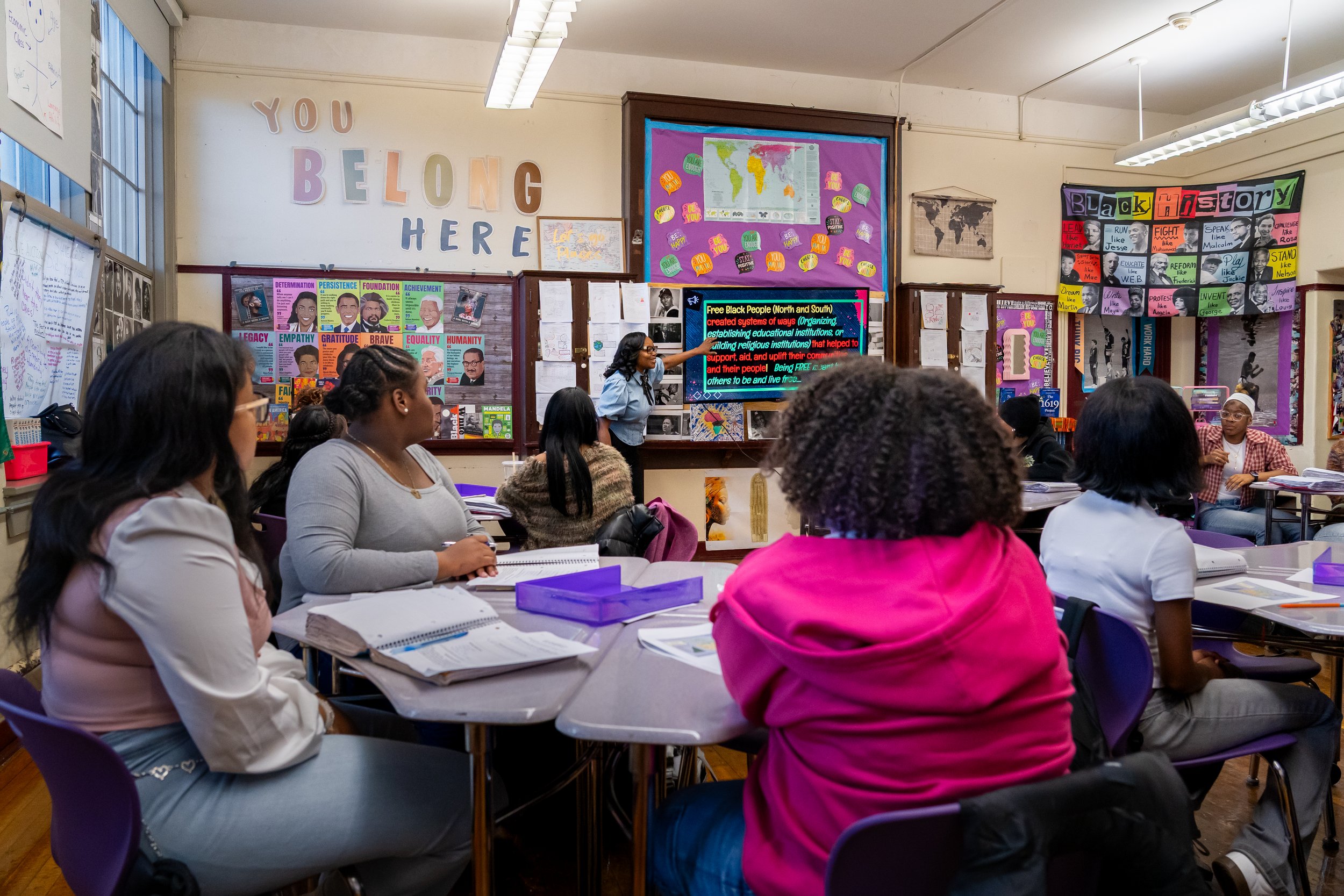 Boston Public Schools educator Tanisha Milton leads a lesson to a room full of students in her AP African American Studies class.