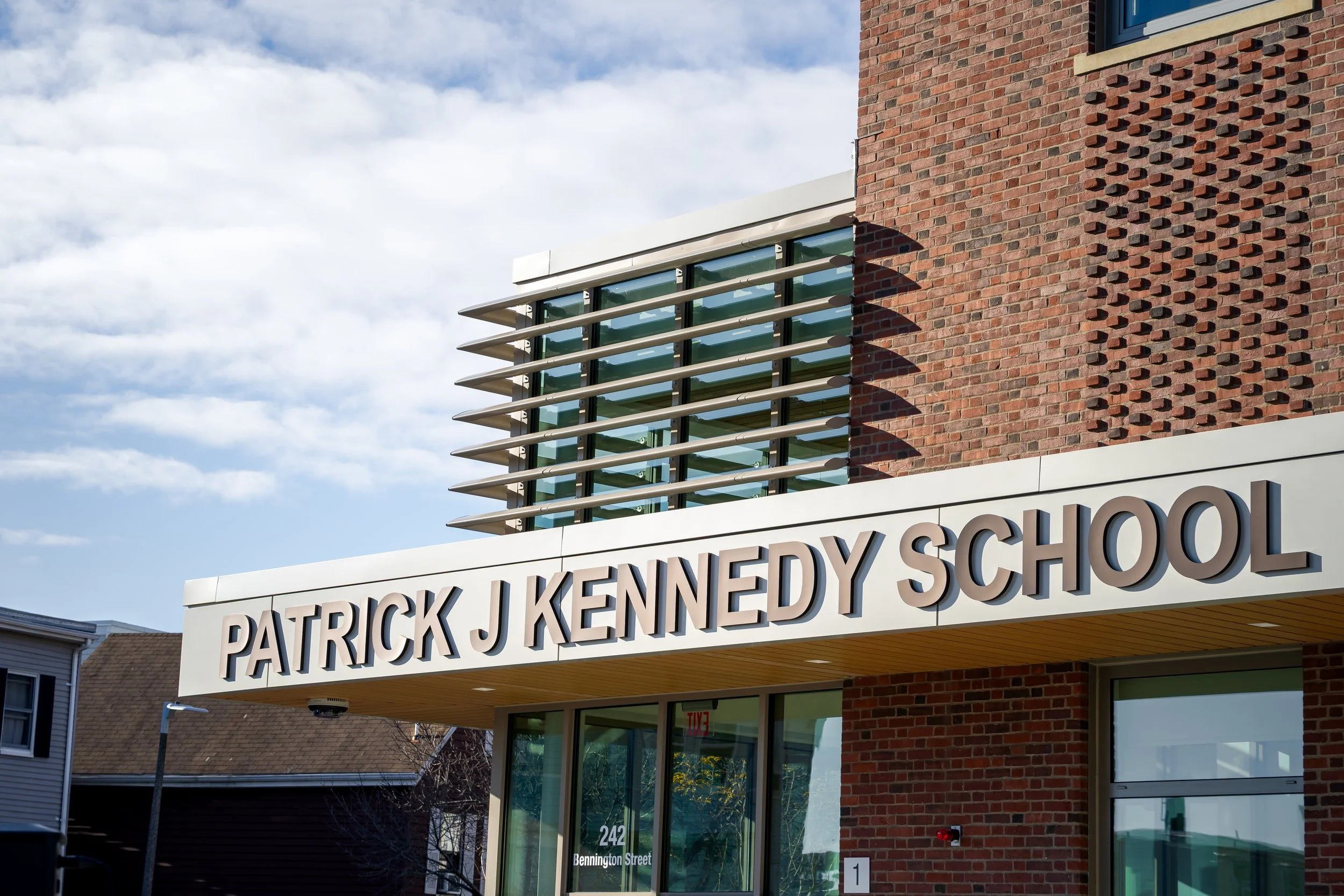 The exterior facade of Patrick J Kennedy Elementary School in East Boston.  