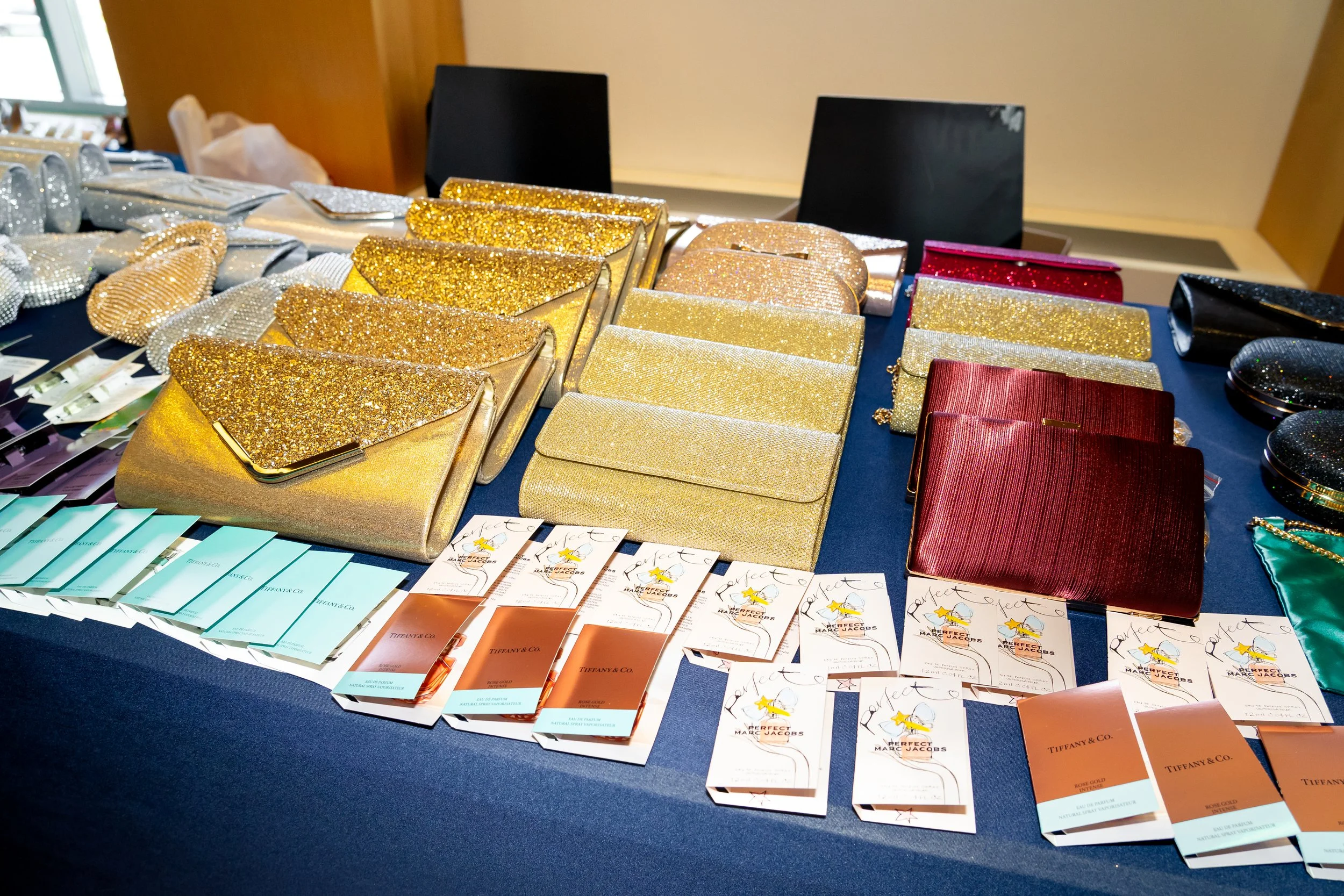 A table of evening purses. 