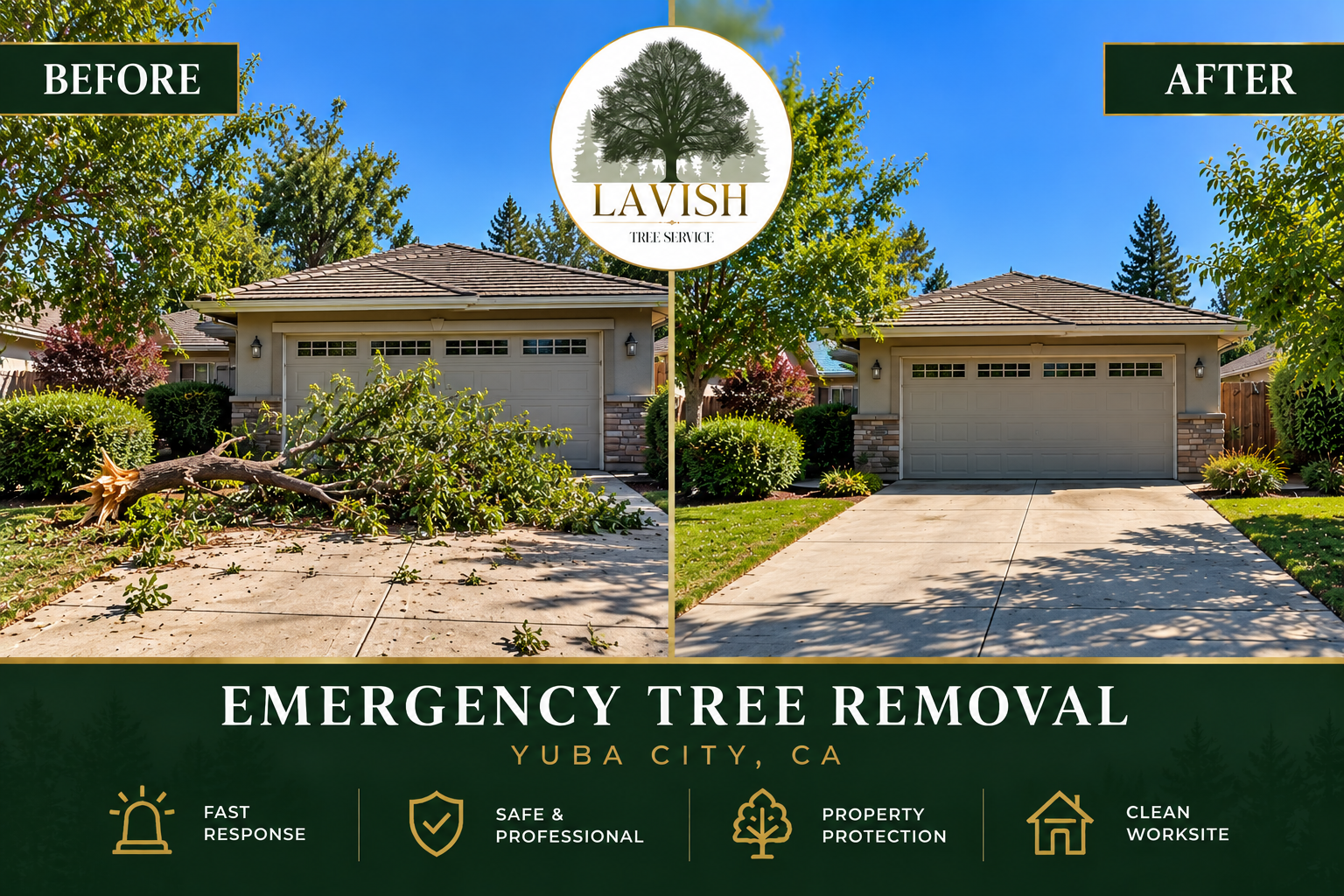 Before-and-after emergency tree removal at a Yuba City, California home by Lavish Tree Service, showing a fallen tree cleared from the driveway.