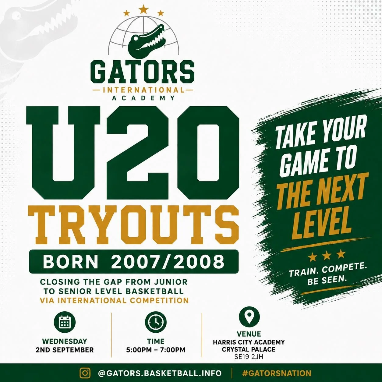 🐊 GATORS U20 INTERNATIONAL ACADEMY TRYOUTS 🐊

Are you ready to take the next step in your basketball journey?

We are looking for ambitious players born in 2007 or 2008 to join our U20 International Academy for the 2026&ndash;2027 season.

📅 Wedne