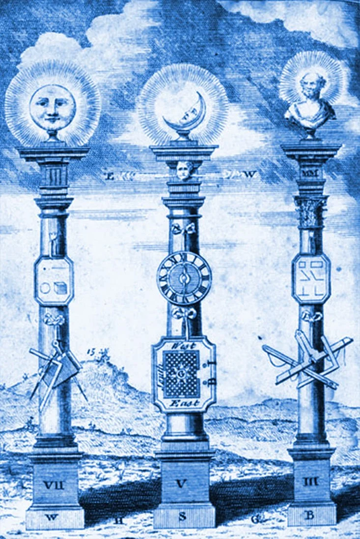 Three ornate clock towers with faces and symbols on top, set against a mountain landscape, each labeled with Roman numerals I to VII from left to right.