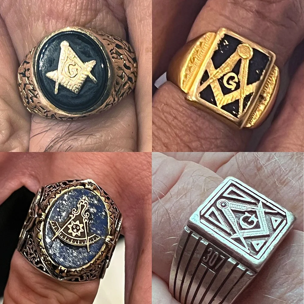 A collage of four rings, each featuring Masonic symbols and emblems, with intricate designs and gold or silver finishes.