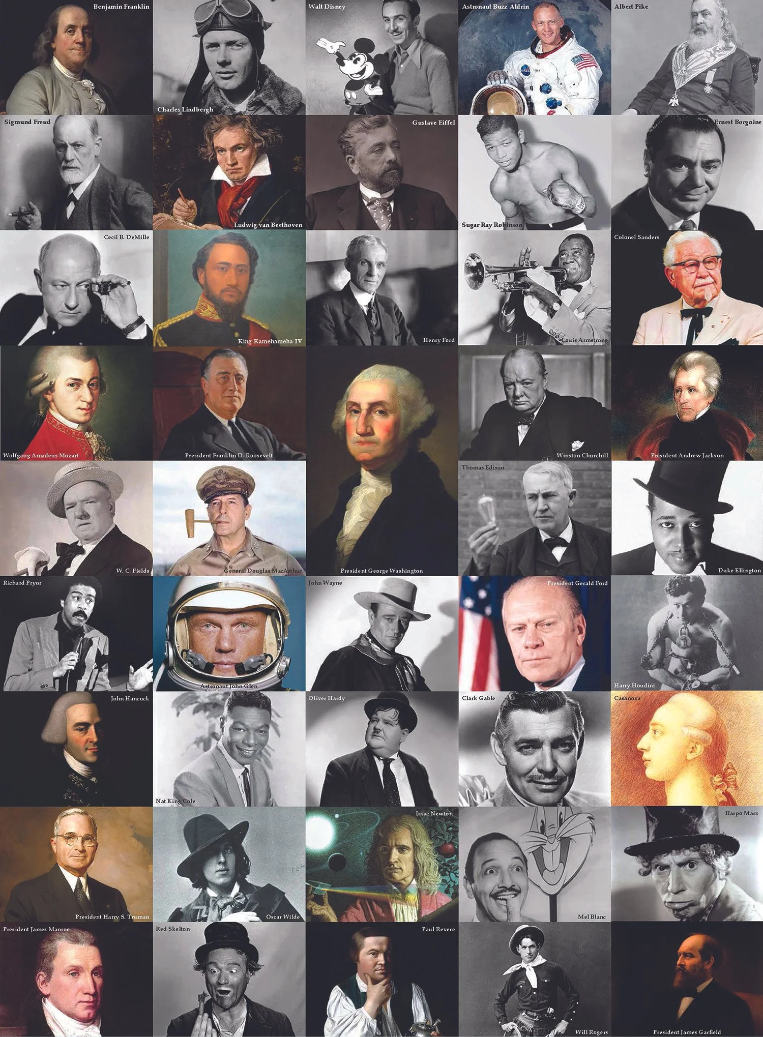 A collage of famous historical figures, including presidents, scientists, musicians, actors, and fictional characters, each labeled with their names.