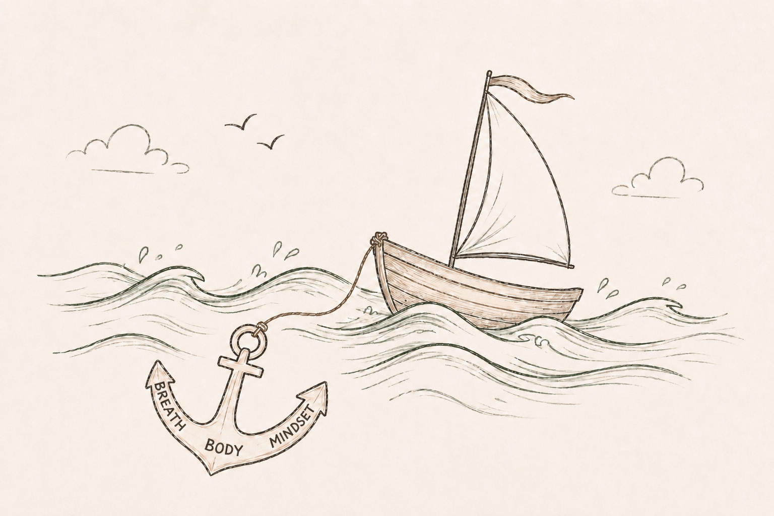 Hand-drawn illustration of a sailboat on a wavy sea, with an anchor, holding the boat safe, saying breath, mindset and body.