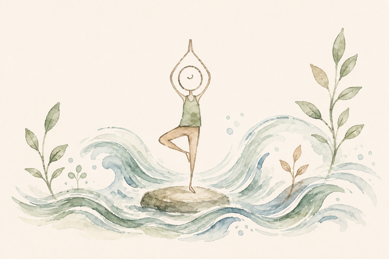 Watercolor illustration of a person practicing yoga on a rock in swirling water, surrounded by plants and water splashes.