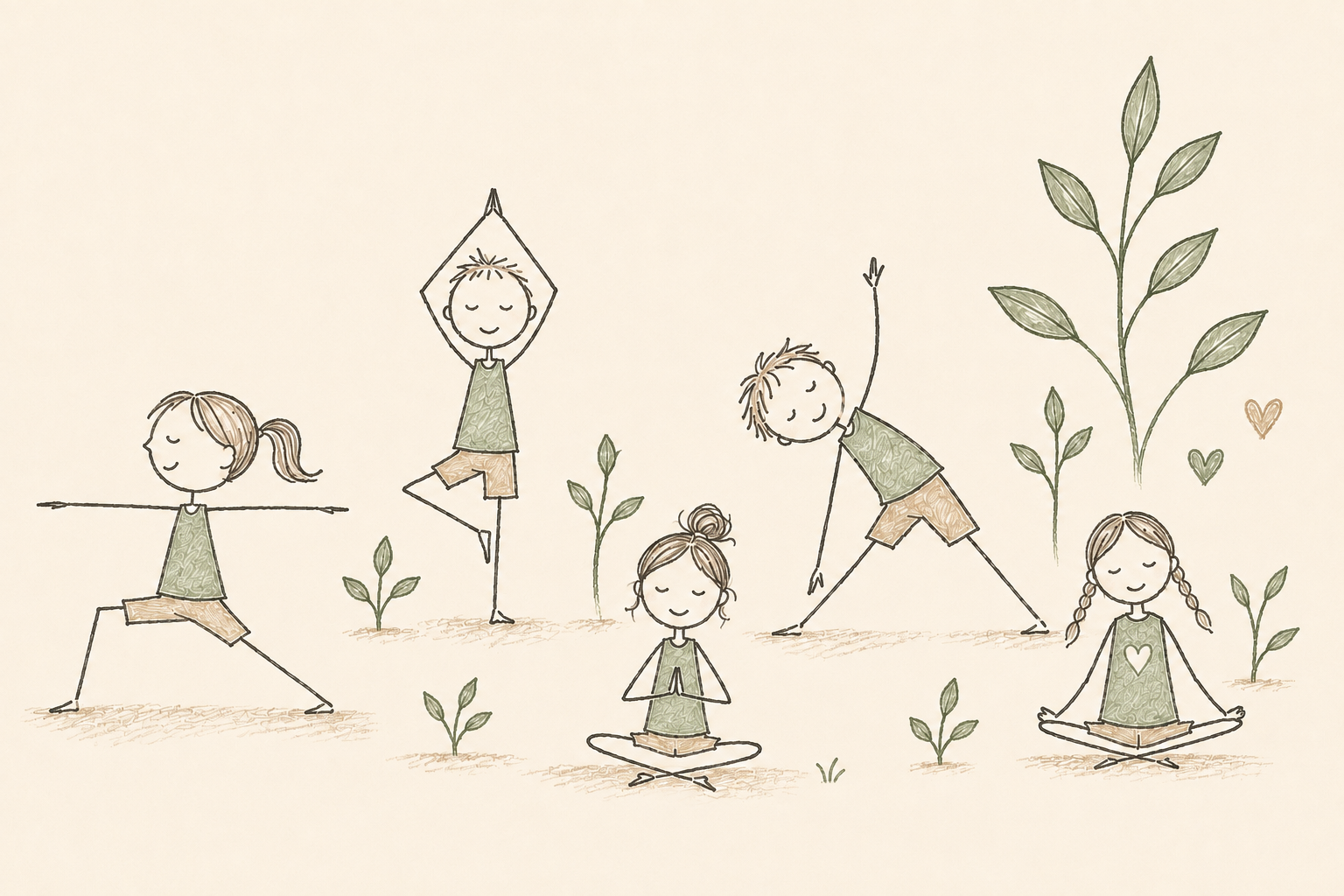 Illustration of a small group of children practising yoga and mindfulness outside.