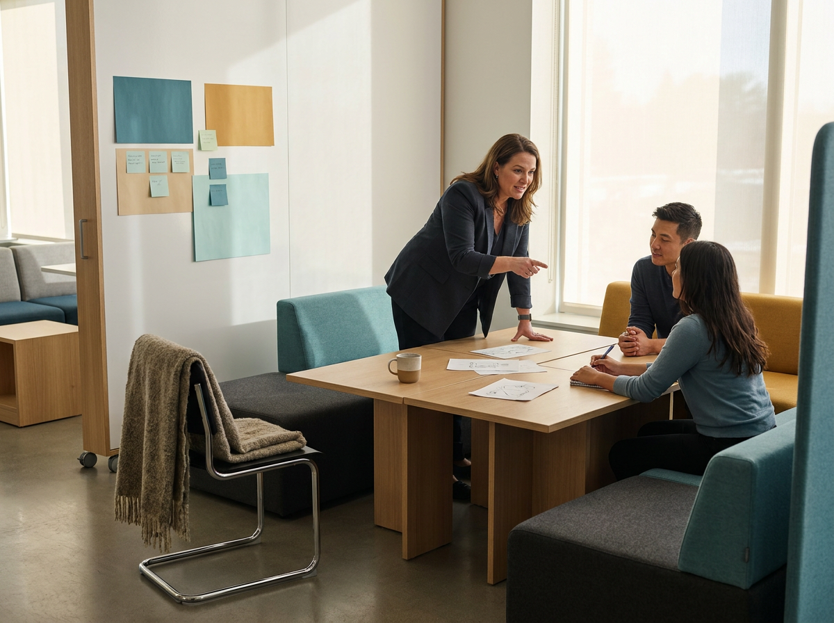 A woman standing and explaining something to two seated colleagues around a wooden conference table in a modern office meeting room.
