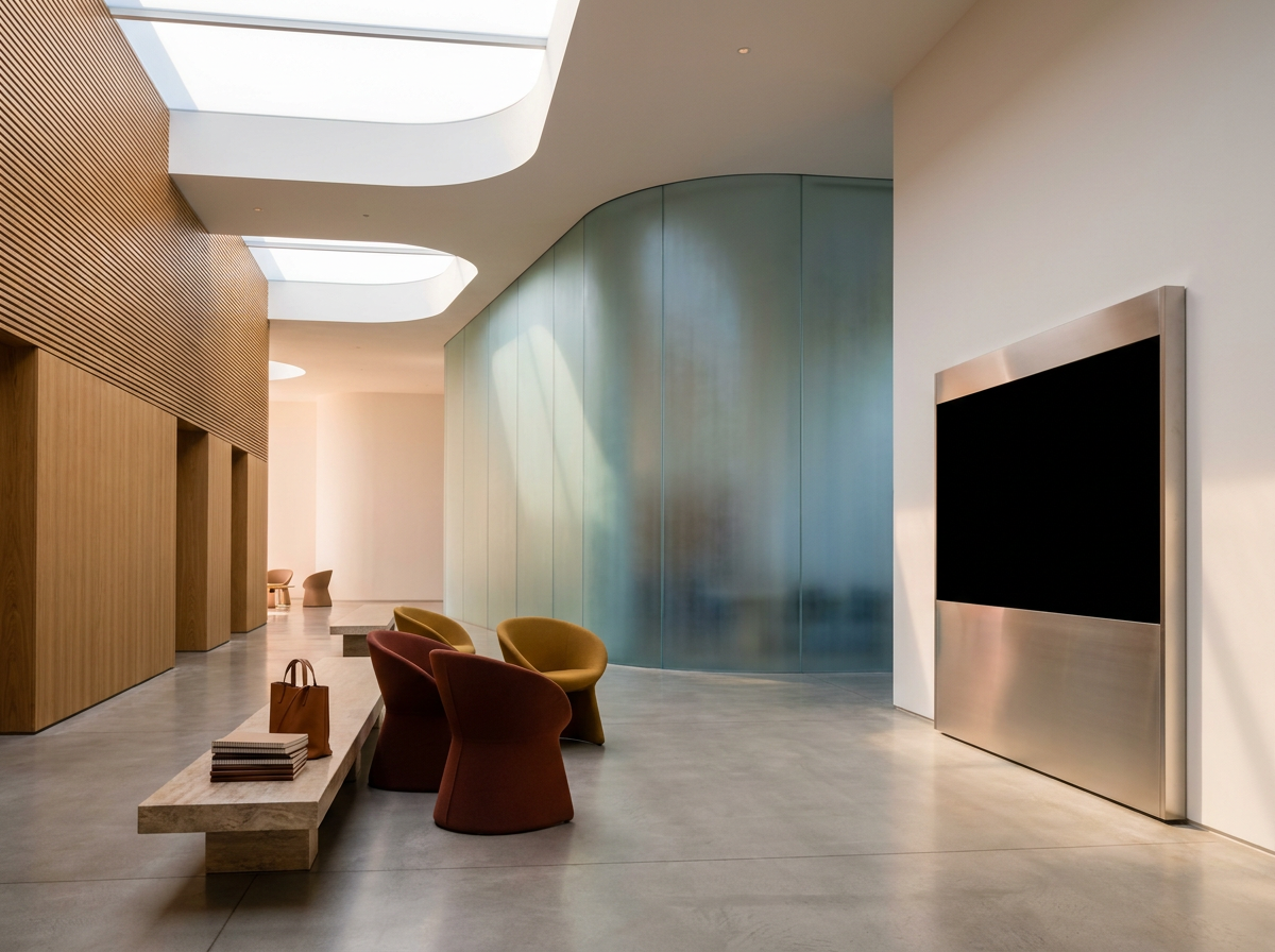 Modern interior with curved glass wall, wooden paneling, colorful armchairs, a black monitor, and a skylight ceiling.
