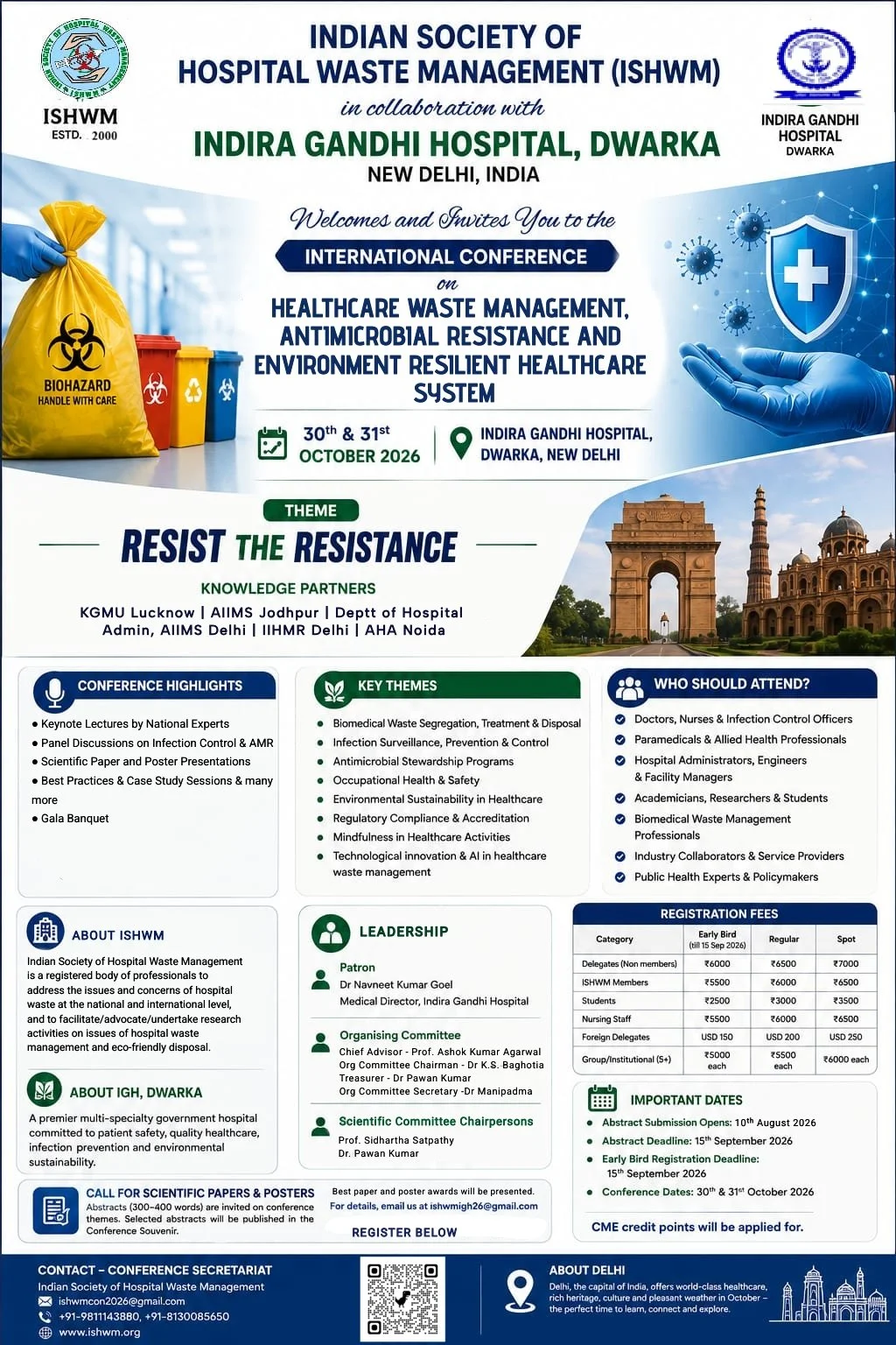 Conference poster for the Indian Society of Hospital Waste Management (ISHWM) in collaboration with Indira Gandhi Hospital, Dwarka, New Delhi, India, scheduled for October 30-31, 2026. The theme is 'Resist the Resistance,' focusing on healthcare waste management, antimicrobial resistance, and environmental health. The poster features event details, knowledge partners, conference highlights, key themes, attendees, leadership, registration fees, important dates, and contact information.