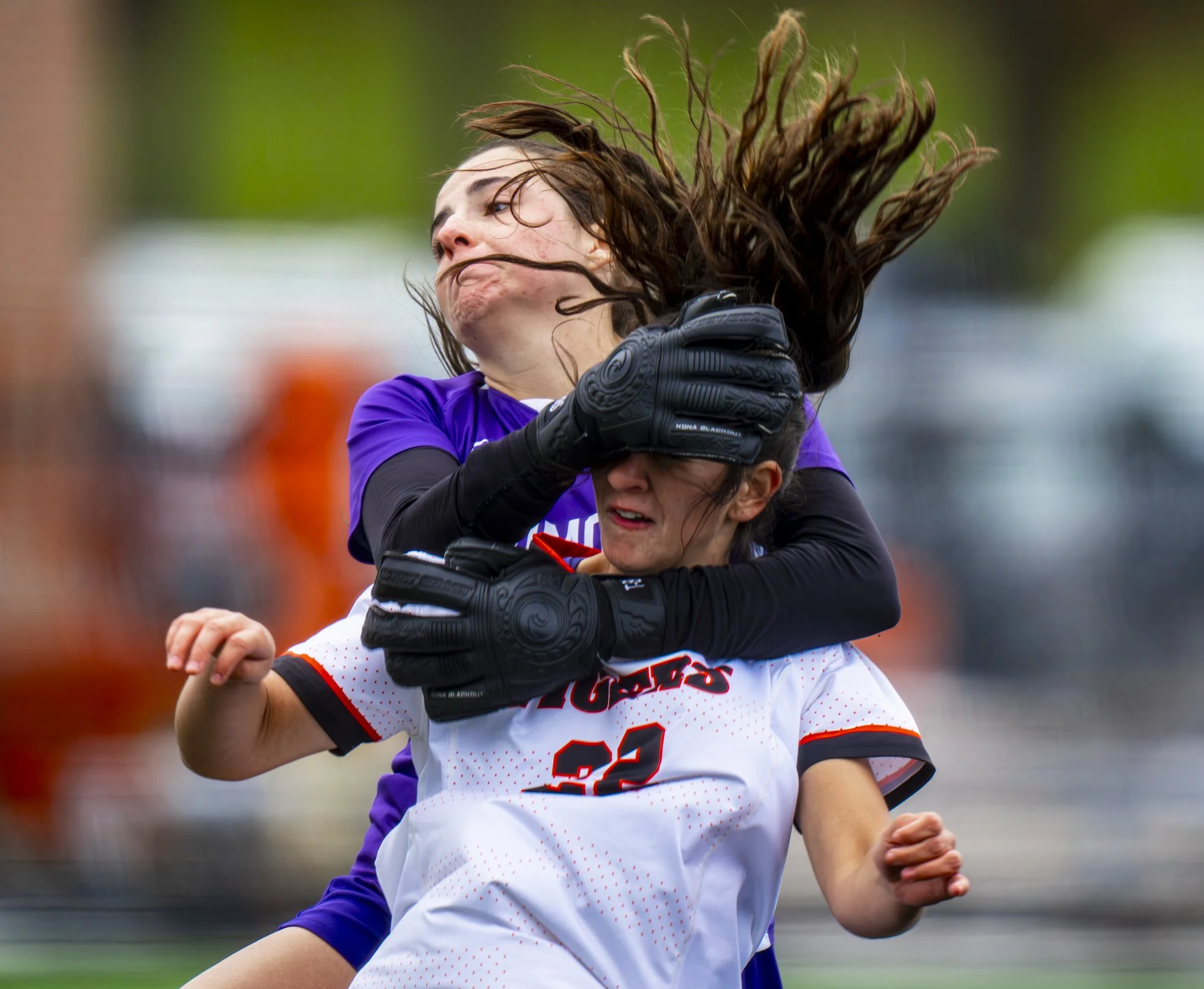 Rochester Institute of Technology’s Sarah Tawaf, No. 22, is embraced by Skidmore College goalie Avery Rogers during their game Nov. 1, 2025. RIT won 4-0, advancing to the Liberty League playoffs.
