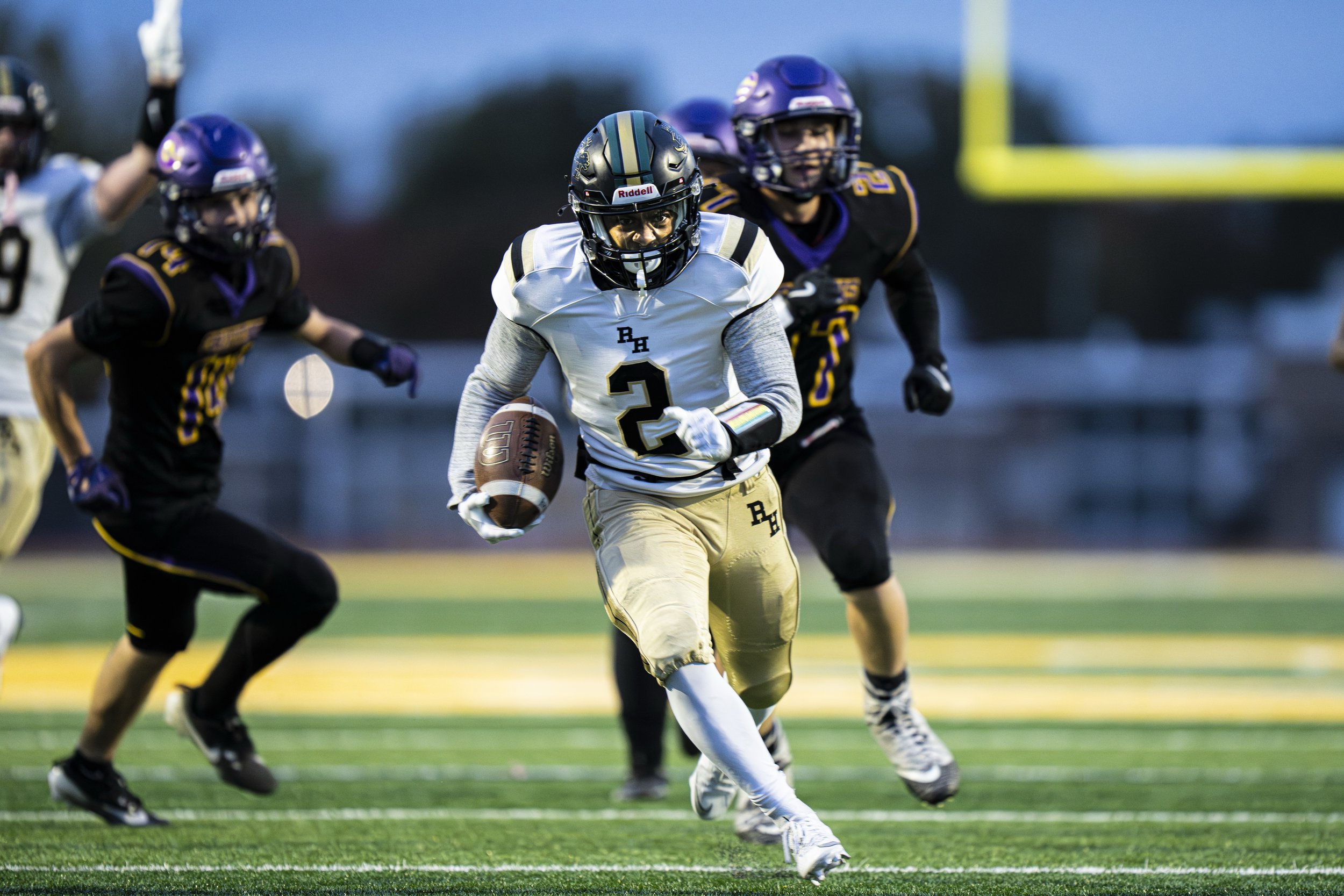 Rush-Henrietta’s Joendrick Infante runs the ball during a football game against Greece Olympia on Oct. 17, 2025, at Greece Olympia High School. Infante scored the game’s first touchdown as Rush-Henrietta went on to win 55-13.
