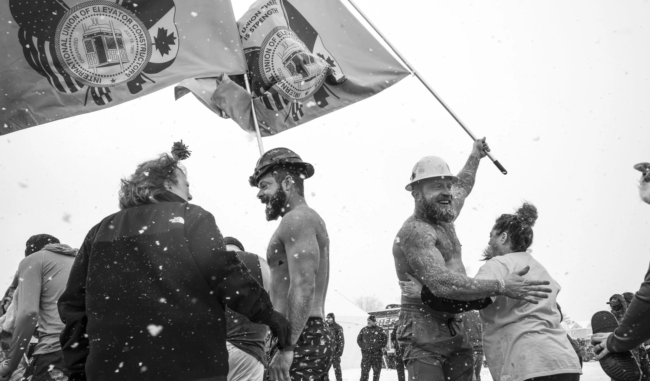 Members of the Union of Elevator Constructors congratulate members of the public who participated in the Special Olympics of New York Polar Plunge fundraiser on February 1, 2026